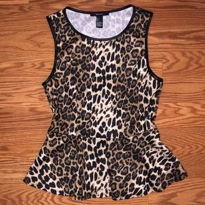 Forever 21 Leopard print peplum sleeveless top with faux leather trim. Small.